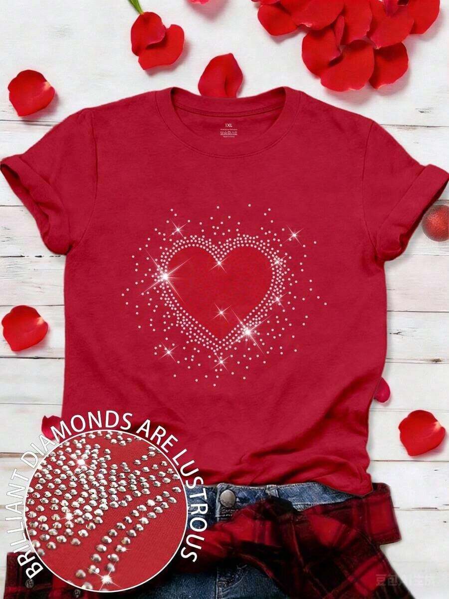 Women's Plus Size Casual Short Sleeve T-Shirt With Round Neck And Heart-Shaped Rhinestones For Valentine's Day - 紅色的 - 查看 1