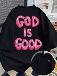 Mexican Basic Casual Short Sleeve Crew Neck T-Shirt With "God Is Good" Graphic Print, Comfortable Plus Size Crew Neck T-Shirt For Women, Spring And Summer, Black, New Launch - 黑色 - 查看 8