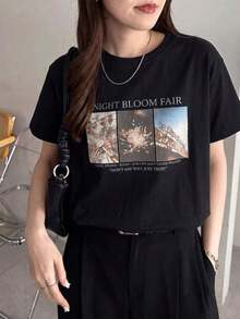 Women's Short-Sleeved T-Shirt, Light Gray, With Retro Amusement Park Fireworks Print, 100% Cotton, For Daily Wear, Breathable, Domestic Export, Women's Clothing, Summer Clothing, New Model, Solid Color Design, Regular Length, Made Of Pure Cotton Fabric, Comfortable To Wear, Machine Washable. - 黑色 - 查看 2