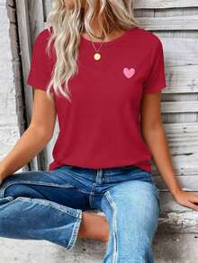 Women's Casual Short-Sleeved T-Shirt With Round Neck And Heart Print, New Spring-Summer Collection. Very Popular New Arrival. - 胭脂 - 查看 5