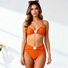 Nuevo traje de baño para mujer, bikini sexy de color sólido sin tirantes, ropa de baño para vacaciones en la playa. - marrón café - Ver 10