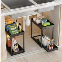 2-Tier Under Sink Storage Rack, Expandable Kitchen Cabinet Organizer, Black & White Dual Color Cleaning Supplies Storage Shelf - Multicolor - View 7