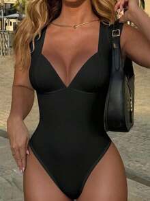 Body ajustado y sexy con escote bajo y acanalado para mujeres - Negro - Ver 3