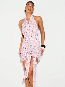 KIZN Vestido corto de mujer con estampado de paisley rosa, cuello halter, detalle de lazo y bajo asimétrico, para fiestas de verano y ocasiones casuales - Rosa Pálido - Ver 5