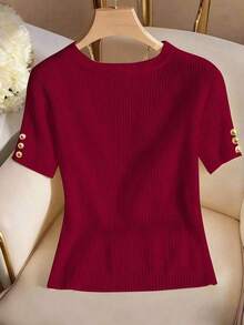 Elegante camiseta de punto de cuello redondo, top de punto minimalista de moda, primavera/verano - Rojo - Ver 2
