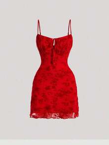 Black Date Night Romantic Floral Print Tie Front Cami Dress - Rojo - Ver 12