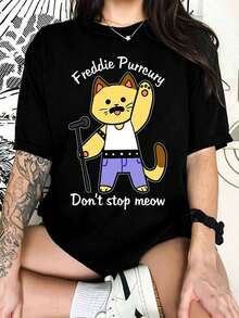 Freddie Purrcury Cat Pun Graphic T-Shirt, Tee For Rocker Cat Lovers - Black - View 6