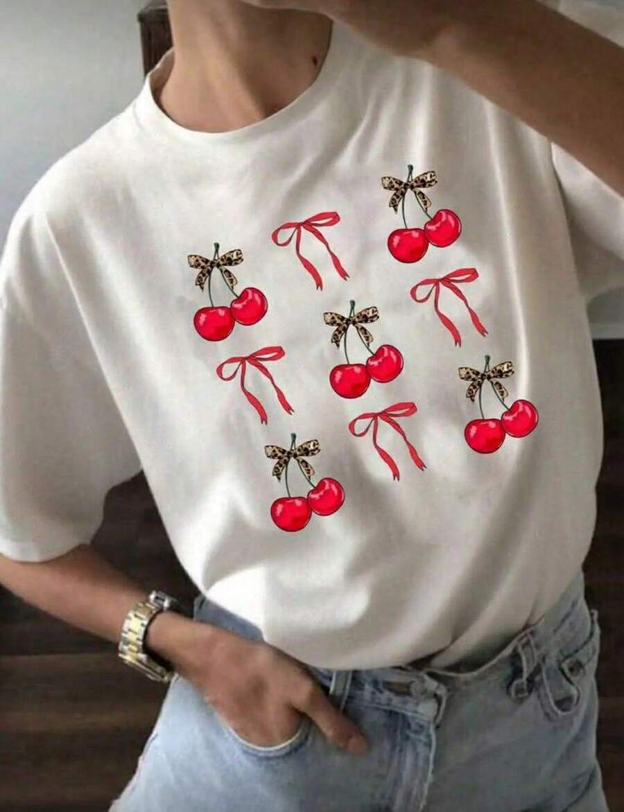 CAMISETA DE DAMA CON DISEÑO DE CEREZAS Y LISTONES PRECIOSOS PARA USO DIARIO Y UNICO - Blanco - Ver 1