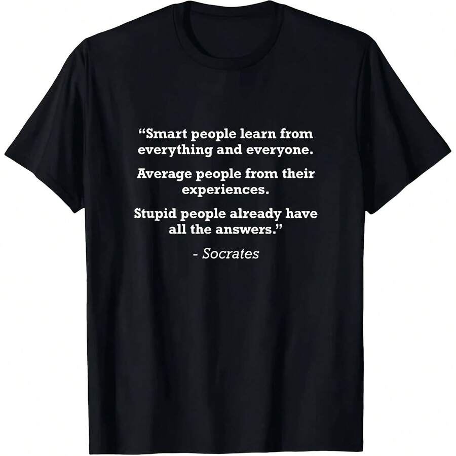 Black T-Shirt With Socrates Philosophical Quotes Print, Pre-Shrunk Breathable Material, Regular Fit, Unisex, Casual Clothing For Men And Young Men - 款式 - 查看 1