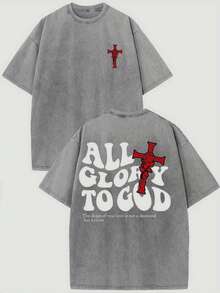 Unisex Double-Sided T-Shirt, 230g Cotton Batik, High Quality, Vintage Style Print, "All Glory Belongs To God", Ideal Thickness For Summer, Holiday Gift, Machine Washable, Women's T-Shirt, National Shipping - 深灰色 - 查看 7