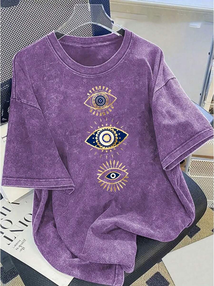 Una camiseta de algodón lavado estampado moderno para mujer algodón 230g grosor estilo vintage urbano cuello redondo mangas cortas lavable a máquina uso casual primavera verano camiseta de mujer corte holgado único blusas para mujer nacional envio - Morado - Ver 1