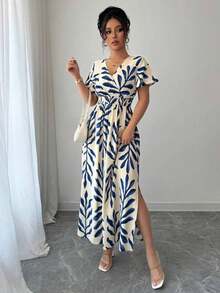 Vestido con mangas abullonadas, cintura anudable y bajo ajustable con abertura, hecho de gasa francesa, elegante, apropiado para vacaciones, fiestas de té de la tarde o playa - Azul y blanco - Ver 3
