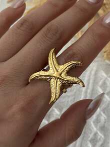 1枚时尚18K金不锈钢海星贝壳主题海滩度假戒指 - 金色 - 查看 7