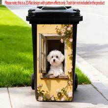 1pc 2D Flat Window Sticker Bichon Frise Dog Trash Can Sticker, Waterproof Outdoor Trash Can Sticker, Self-Adhesive Wall Paper Home Decor, Kitchen Decor, 2D Flat Style - Style 1 - View 2