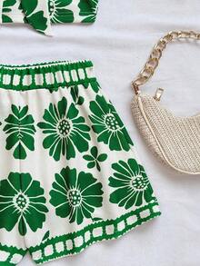 Nuevo Conjunto de 2 Piezas para Vacaciones: Top de Tubo Floral Azul y Blanco con Tirantes Ajustables y Pantalones Cortos de Cintura Elástica en Línea A - Multicolor 2 - Ver 3
