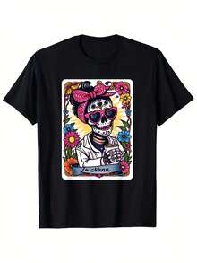 Men's Black T-Shirt With Candy Skull Print For Day Of The Dead | Casual Short Sleeve Crew Neck T-Shirt, Breathable And Stylish, Suitable For All Seasons, Versatile Casual Wear, Vintage Style, Slightly Stretchy Fabric, Suitable For Adults, Summer 2025, 220G. - 黑色 - 查看 6