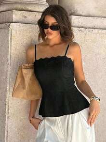 Camiseta de tirantes elegante de unicolor con parches de encaje para el verano - Negro - Ver 5
