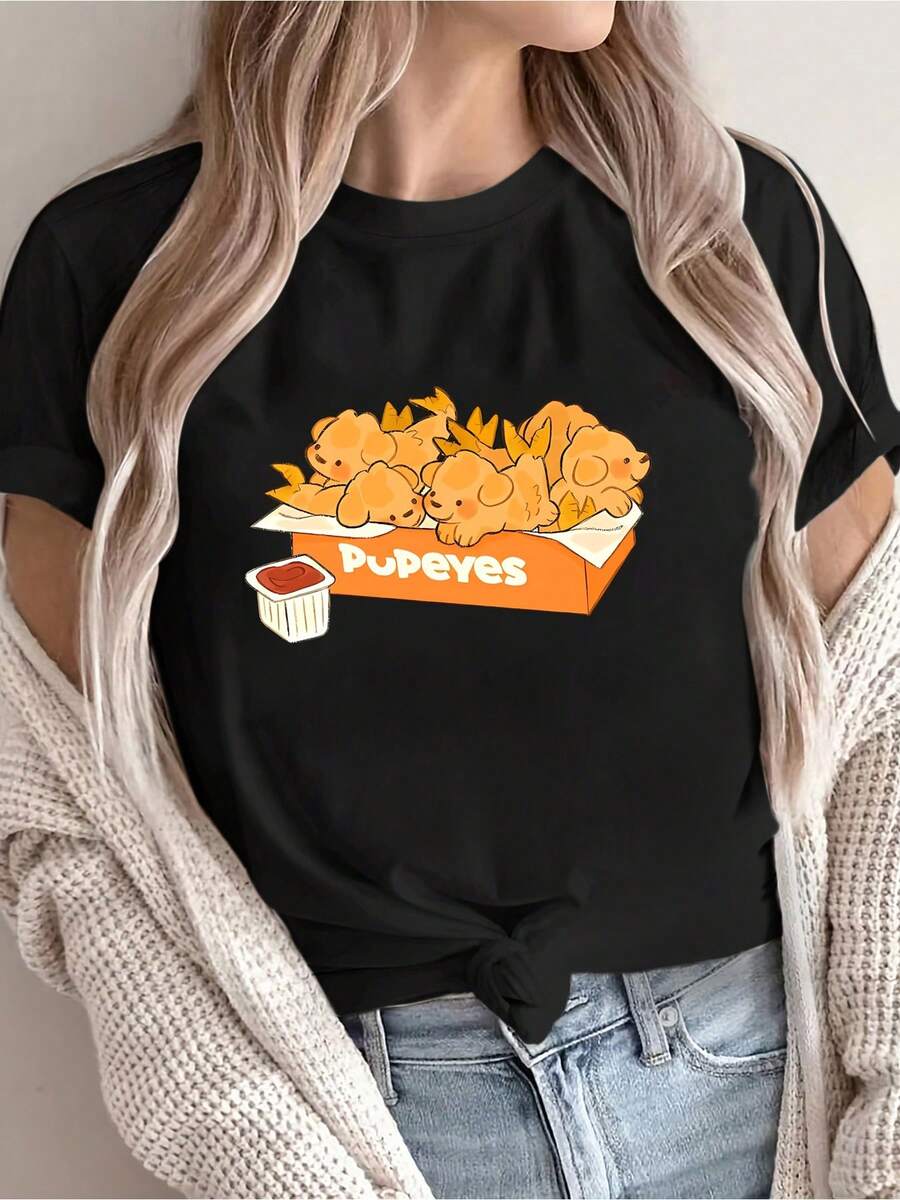 Women's Casual Summer Short Sleeve T-Shirt - Cute Shrimp And Puppy Cartoon Design, Crew Neck, Loose Fit, Soft Fabric, Machine Washable, Suitable For Daily Wear, Comfortable Design - Unisex Cotton Short Sleeve Crew Neck T-Shirt, Vintage Urban Style, Blouses For Women. Casual Blouses For Ladies. - 黑色 - 查看 1