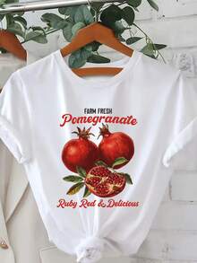 Camiseta Deportiva Casual de Moda para Mujer con Estampado de Granada Roja Fresca, Manga Corta, Cuello Redondo, para Otoño y Verano - Estilo Urbano Vintage, Unisex, de Algodón, Corte Holgado, Camiseta de Manga Corta con Cuello Redondo, blusas para mujer. blusas.blusas casuales para dama. - Blanco - Ver 6