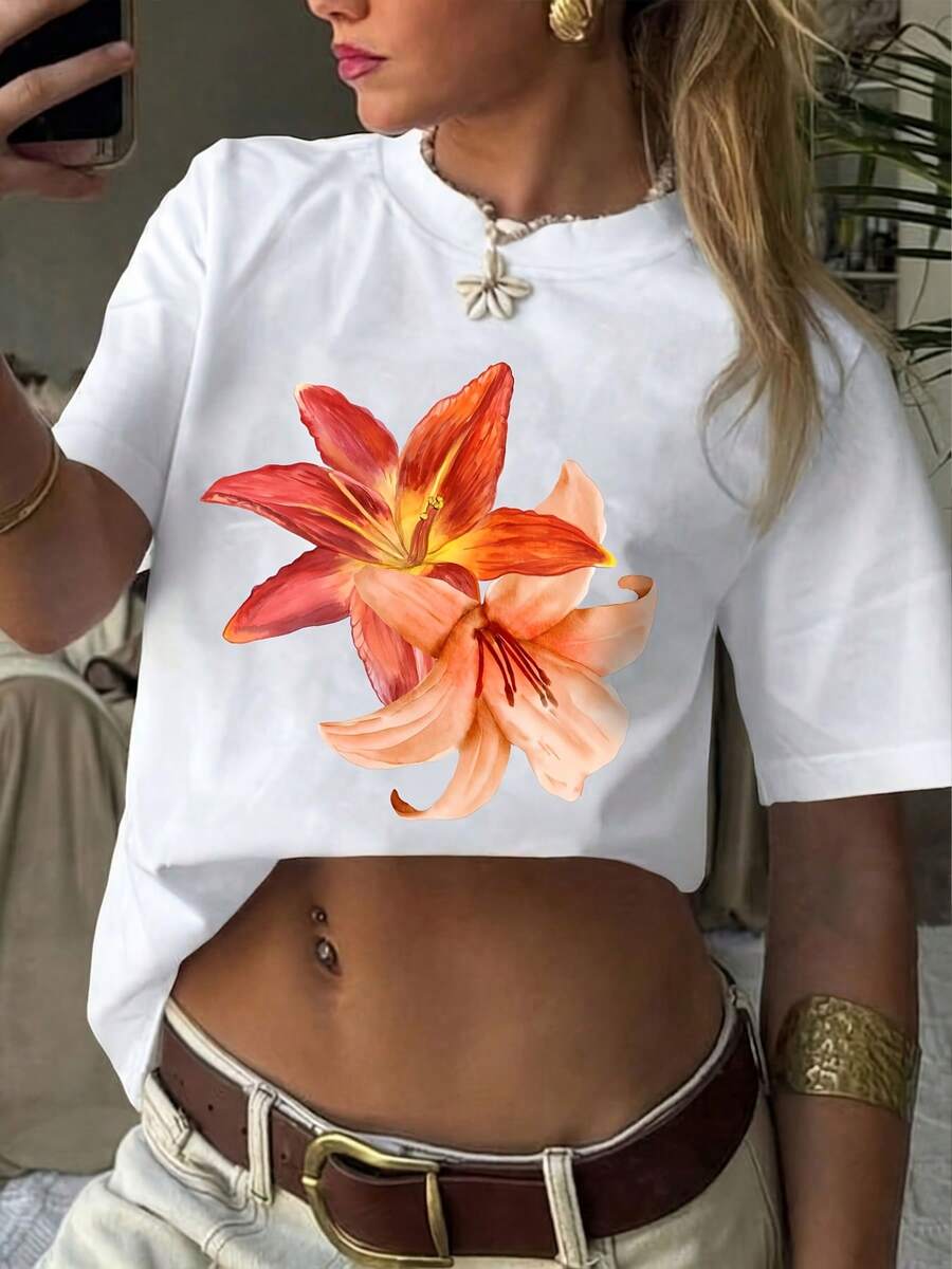 Women's Floral Print T-Shirt, Casual Short-Sleeved Round Neck T-Shirt, Suitable For Vacation And Everyday Wear - Unisex Loose Cotton Short-Sleeved Round Neck Vintage Style T-Shirt, Blouses For Women. Casual Blouses For Ladies. - 白色 - 查看 1