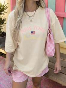 Women's Summer T-Shirt With A Loose Fit, Round Neck, And Short Sleeves, Featuring A Simple Slogan Print, Perfect For A Casual Vacation. A Fashionable Blouse Suitable For Everyday Wear And Holidays. - 杏 - 查看 7