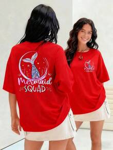 Acuarela de cola de sirena con escamas de colores camiseta para mujer y diseño moderno 100% algodón perfecta para un look relajado que evoca la magia del océano.Suitable for spring, summer and autumn - Rojo - Ver 7