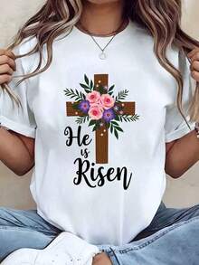 Camiseta Moderna Minimalista para Mujer con Estampado de Cruz y Flores "Él Ha Resucitado", Cuello Redondo, Casual, para Pascua, Primavera, Regalo, Uso Diario - Blanco - Ver 7
