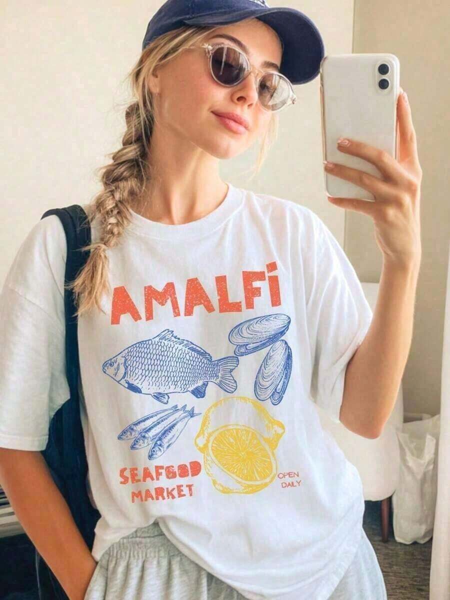 1 pieza Camisa de Mariscos de la de Amalfi de Talla Grande, Camisa de Pescado, Camisa de Sardinas, Camisa de Limones, Estilo Costero de Verano de Italia, Camisa Vintage Inspirada en el Océano para Foodies, Sardinas, 180g, Ropa de Playa para Mujer, Blusas de Verano para Mujer - Blanco - Ver 1