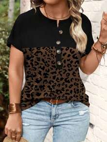 Camiseta de manga corta con cuello en V y estampado floral geométrico de color café oscuro, talla grande, para primavera/otoño - Multicolor 6 - Ver 4
