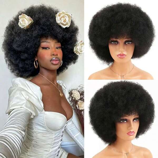 Synthetic Afro Kinky Curly Wig With Bangs Soft Short Afro Wig For 70s Glueless Cosplay Wig Natural Brown Black