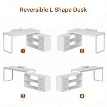 L Shaped Desk With Drawers And Shelves, 55" Office Desk With Storage, Removable Monitor Stand, Reversible L Shaped Desk, Corner Desk For Bedroom,Home Office, Walnut/ Black/ White - 白色 - 查看 8