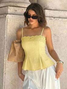 Camiseta de tirantes elegante de unicolor con parches de encaje para el verano - Amarillo - Ver 5