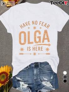 Camiseta de talla para mujer No te asustes, Olga está aquí - Estampado del nombre de Olga en negro y dorado, manga corta, cuello redondo, top deportivo casual, diseño de símbolo de letra griega blanca, para eventos casuales y temáticos, tops de talla para mujer, tops de talla para mujer, tops de talla para mujer en Halloween, disfraz de Halloween para mujer en talla, ropa de talla para mujer en Navidad, camisetas de talla para mujer, suéteres de Halloween para mujer en talla, camisetas de talla para mujer, camisetas de talla para mujer. - Blanco - Ver 6