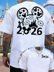 2026 Mickey Mouse Head Castle Fireworks Design T-Shirt, Unisex Loose-Fitting Crew Neck T-Shirt, Comfortable, Soft, Breathable Pure Cotton, Men's Summer Clothes, Suitable For Everyday Wear, Outings, Commuting, Parties, Disneyland T-Shirt. - trắng - Xem 1
