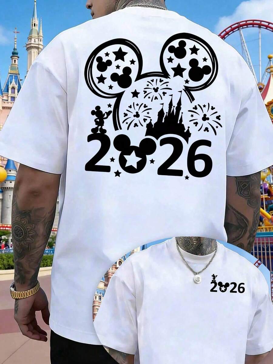 2026 Mickey Mouse Head Castle Fireworks Design T-Shirt, Unisex Loose-Fitting Crew Neck T-Shirt, Comfortable, Soft, Breathable Pure Cotton, Men's Summer Clothes, Suitable For Everyday Wear, Outings, Commuting, Parties, Disneyland T-Shirt. - trắng - Xem 1
