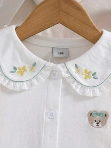 Girls' White Long Sleeve Cotton Collared Shirt Tee, Autumn - White - View 3
