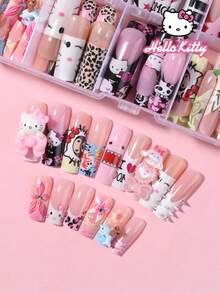 Sanrio Hello Kitty 240pcs(10mixed) Y2K Medium Square Leopard Print French Tip Press On Nails With Cute 3d Hello Kitty & Kuromi‌ &Cinnamoroll & DoMo Decoration ,3d Gel Flowers ,Nails,Bow And Heart And Pearl And Rhinestones Design,For Girls Party Use - Multicolor - View 3