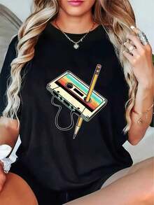 Camiseta con Estampado de Cintas Retro de los 80s y 90s |     Cuello Redondo Casual, Patrón Geométrico, Corte Regular, Adecuado Para Todas Las Temporadas, Blusas para Dama - Negro - Ver 7