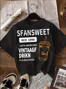 Women's Short-Sleeved T-Shirt With Round Neck And "Coffee Americano Vintage Drink Sfansweet Since 1998" Print, Ideal For Casual Wear And Everyday Summer Outfits. - 黑色 - 查看 2
