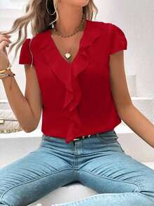 Camisa holgada de manga corta con borde de volantes y cuello en V, con parches unicolor para mujer en verano - Rojo - Ver 4