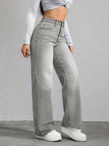 Jeans de mezclilla de pierna ancha recta de diseño simple con cintura alta para mujeres a la moda - verde militar 2 - Ver 5