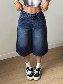 Plus Size Women Navy Washed High Waist Wide Leg Denim Capri Shorts, Elastic Waist Single Button Loose Casual Summer Jeans Shorts - Dark Wash - View 4
