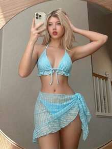 Conjunto de bikini de 3 piezas con tapa de falda, estilo de vacaciones en la playa, para mujer, con bikini halter sin espalda y encaje sexy - Azul menta - Ver 9