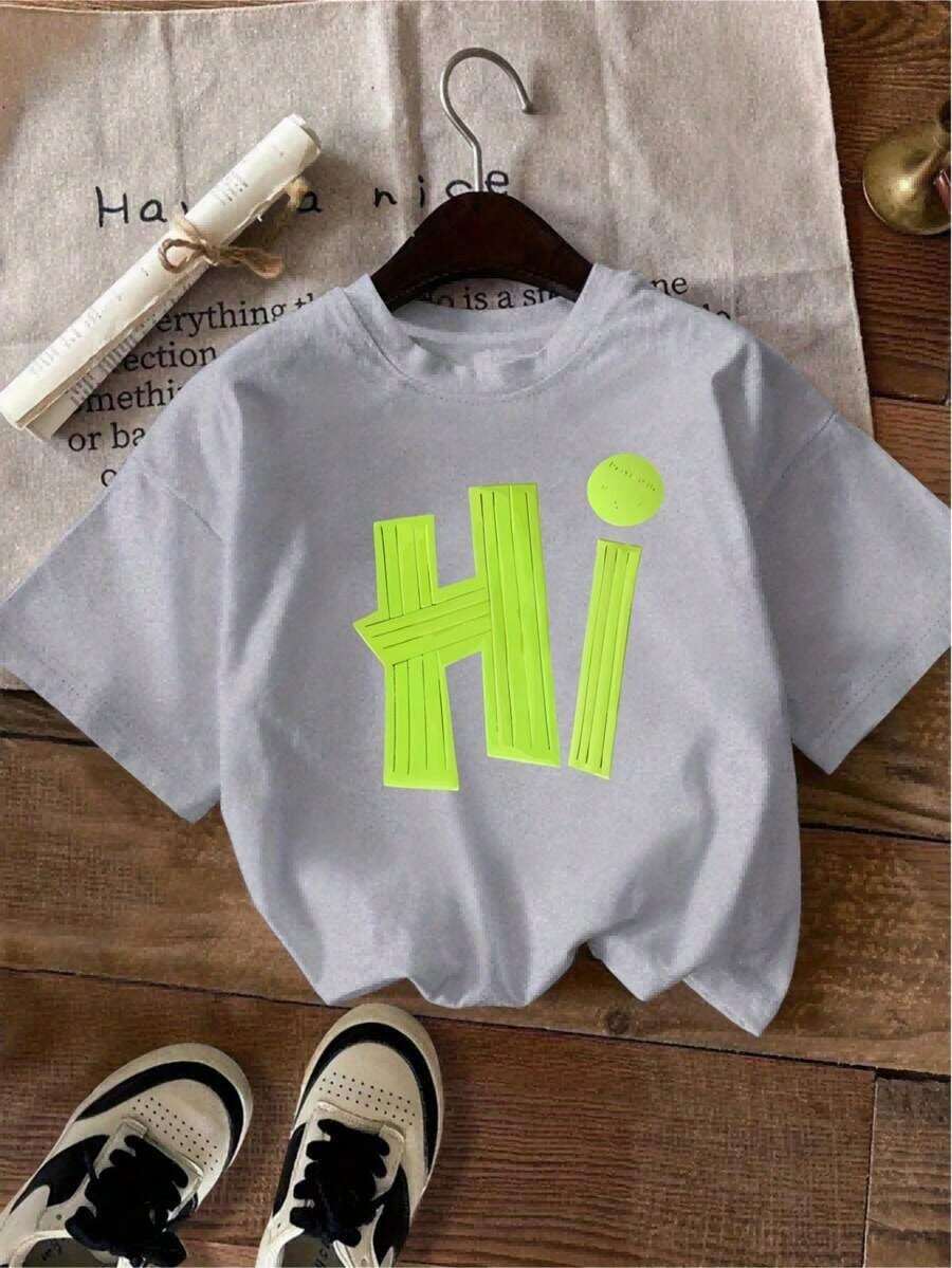 Summer 2026 Collection, Women's T-Shirt, Comfortable, Casual, Versatile, Elegant, Round Neck, Short Sleeve, Women's Top, Valentine's Day, Fluorescent Green Letter Print, 100% Cotton, Sizes S-7XL - 灰色的 - 查看 1