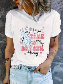 Funny Women's T-Shirt With Breathing Valve And Lung-Heart Design For Valentine's Day - "You Take My Breath Away" Design, Lung And Heart Print - Breathable Crew Neck, Short Sleeve, 180g, 100% Cotton. - 白色 - 查看 5