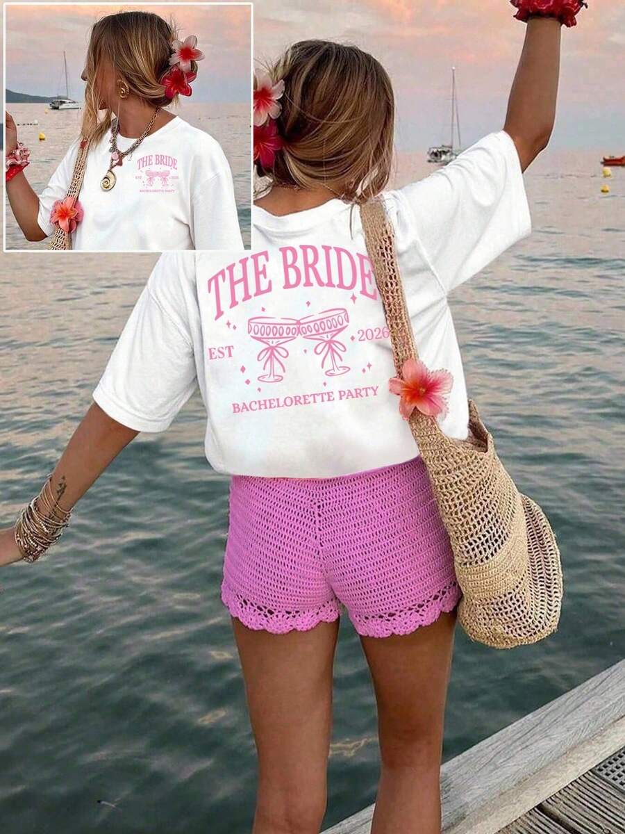 Short-Sleeved Cotton T-Shirt With Front And Back Print - Modern Print For Weddings And Bachelorette Parties - Women's Print T-Shirt For Spring/Summer, For Weekend Dates, Meetings, And Travel. JKJK - 白色 - 查看 1