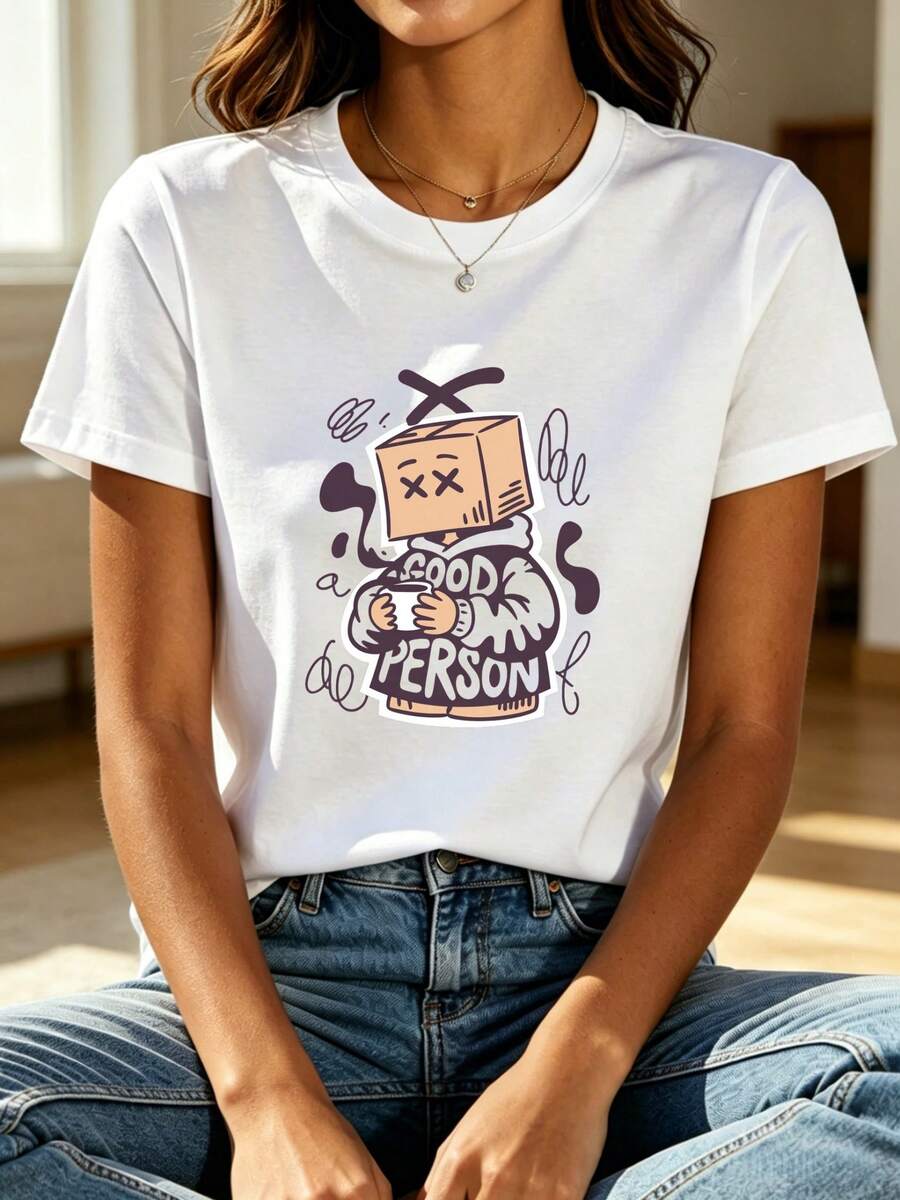Women's T-Shirt: White Printed T-Shirt For Women, Featuring A Cartoon Character Holding A Coffee And The Slogan "Good Person", In An Urban Street Graffiti Style, Perfect For Casual Beach Holidays, Music Festivals And Creative Social Gatherings. - 白色 - 查看 1