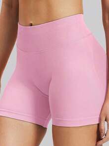 Pantalones cortos de yoga sin costuras de cintura alta para mujer - Levantamiento de glúteos elástico, adecuado para correr, fitness y actividades al aire libre| Apariencia de moda| Tela elástica de verano - Rosa - Ver 8