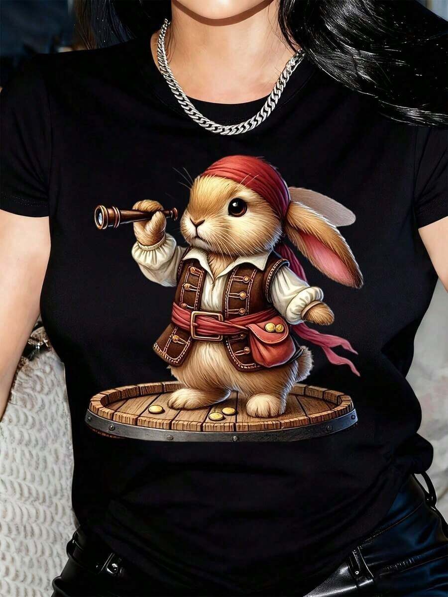 New Arrivals For Summer. Soft And Comfortable Women's Casual T-Shirt - Easter Pirate Bunny Graphic Design, Black, Short Sleeve, Crew Neck, Machine Washable, Regular Fit For Spring, Summer, And Year-Round Wear. Blouse, Shirt > Beautiful. - 黑色 - 查看 1