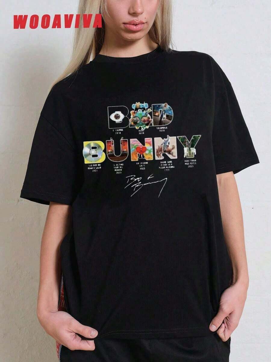 WOOAVIVA Fashionable Summer Soft 100% Cotton Women T-shirt With Bunny Graphic Print, Ideal Gift for Anime Lovers, Cute Cartoon Design, Gifts For Valentine's Day, Comfortable Streetwear Casual Perfect for All Seasons, Women Tops-Vintage Street Style Unisexoose Cotton Short Sleeve Crew Neck T-Shirt